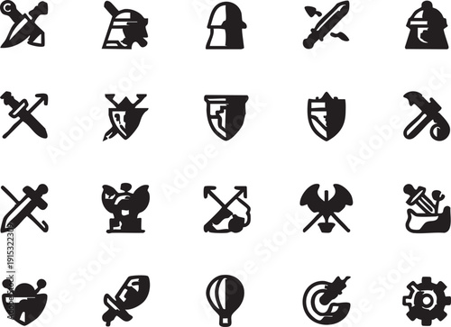 Fantasy game icons vector set: swords, shields, helmets, and more eps silhouette