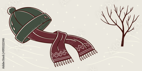 Winter scarf and hat fashion with snow and tree