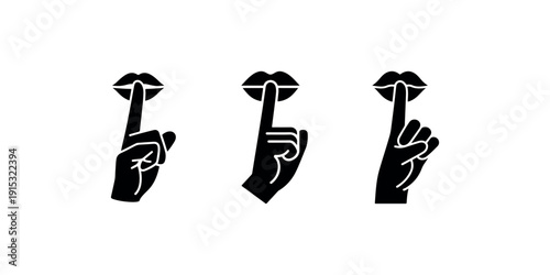 Quiet please gesture, shhh silence symbol icon, be quiet finger on lips sign, hush hand gesture, human palm with index finger pressed to lips