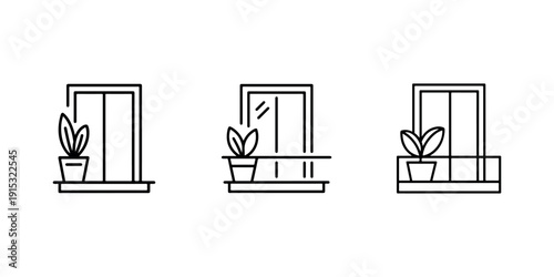 Set of three icons representing windows with plants, small potted plant on windowsill, balcony plant, and window with flower pots illustration
