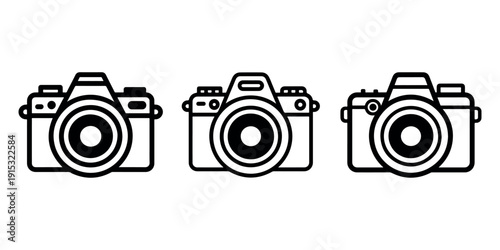 Collection of three camera icons, digital SLR camera symbol, vintage camera icon, photography equipment outline illustration