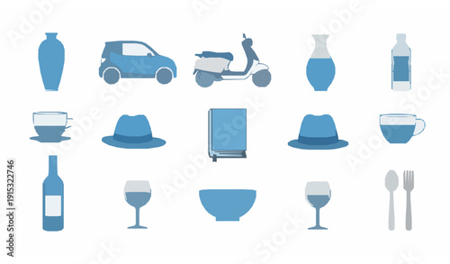 Blue and White Minimal Line Art Everyday Objects Vector Set on White Background