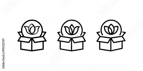 Lotus flower in cardboard box icons representing organic beauty product packaging natural delivery eco friendly shipping wellness and spa items concept