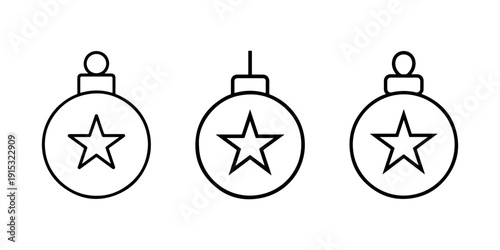 Three outline icons of round Christmas tree ornaments decorated with star shape inside hanging from top hook decoration