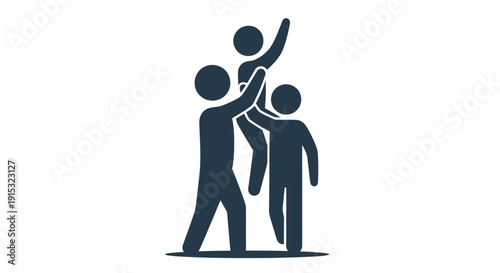 Teamwork icon depicting four silhouetted figures raising hands together in unity