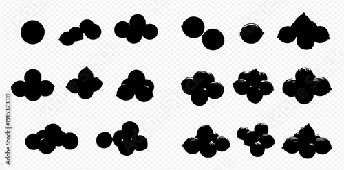 A collection of black silhouettes illustrating the process of particle aggregation and clustering on a transparent background.