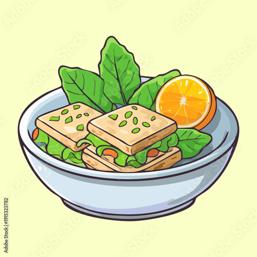 Healthy sandwich pieces with fresh orange slices and herbs for nutritious snack and lunch box idea - Vector Illustration