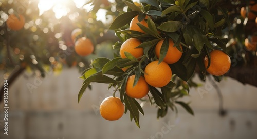 Fresh ripe oranges hanging ...