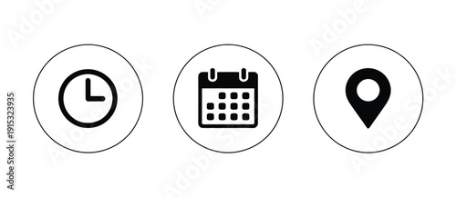 Time, Date And Location Icon Set. clock calendar location marker icon. vector