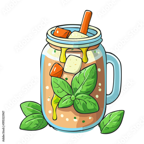 Tall glass of fruit infused water with orange and mint for healthy hydration and summer drink - Vector Illustration