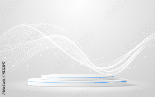 White podium with elegant white wave lines on the back for product presentation. Display of cosmetic products. Stage or podium. vector illustration