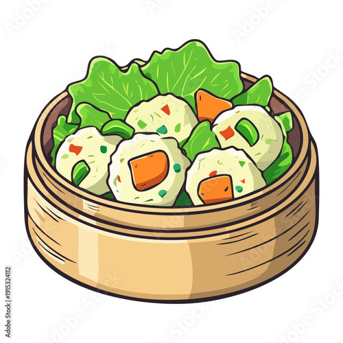 Steamed vegetable dumplings in bamboo basket for healthy asian appetizer and organic dim sum menu - Vector Illustration