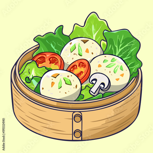 Healthy vegetable dumplings in bamboo steamer basket for organic asian appetizer and gourmet catering service - Vector Illustration