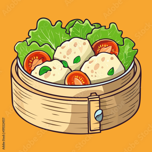 Steamed dumplings with fresh vegetables in bamboo basket for healthy asian meal and restaurant design - Vector Illustration