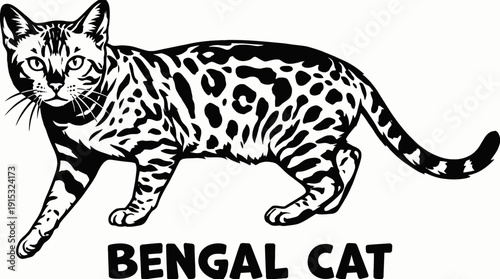 bengal cat breed domestic feline pet animal portrait with spotted fur muscular body sharp eyes detailed realistic illustration