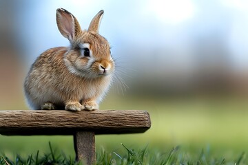 Small brown rabbit sitting on wooden fence post in sunny meadow with soft blurred background for nature and wildlife photography projects.