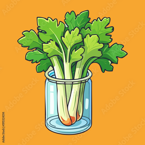 Organic celery sticks in a glass container for refreshing healthy diet and vegetarian lifestyle snacks - Vector Illustration