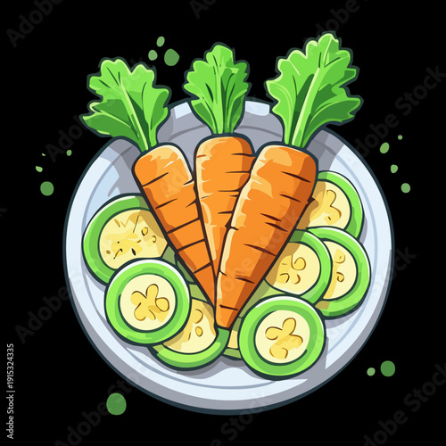 Fresh sliced carrots and cucumber salad bowl for healthy organic nutrition and vegan meal prep - Vector Illustration