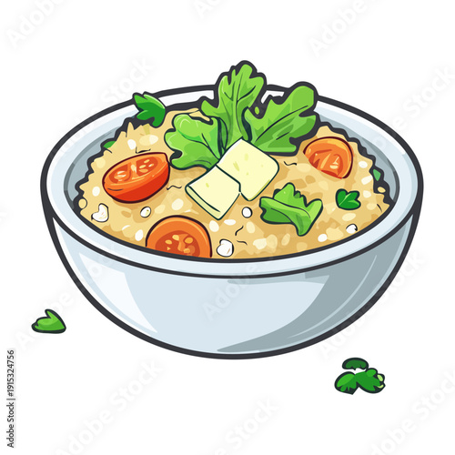 Organic rice bowl with mixed vegetables and fresh herbs for healthy vegetarian diet and lunch - Vector Illustration