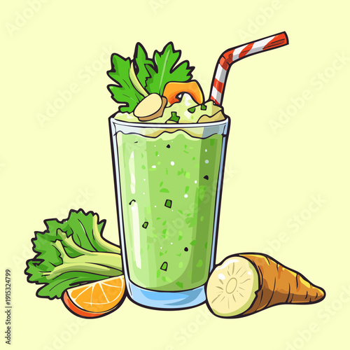 Healthy green smoothie with celery and carrot for organic detox and refreshing vitamin drink boost - Vector Illustration