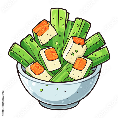 Healthy bowl of sliced green vegetables and tofu for organic vegan diet and nutritious lunch - Vector Illustration