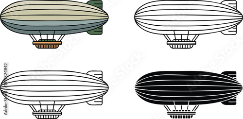 Airship silhouette & Outline and illustration set isolated on transparent background