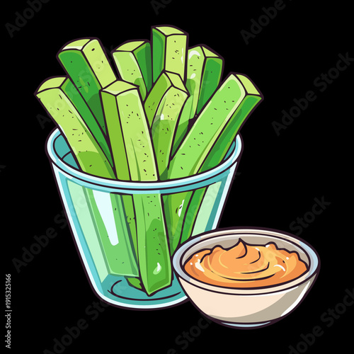 Crunchy celery sticks in a glass with tasty sauce for healthy organic snack and nutrition - Vector Illustration