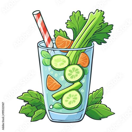 Refreshing celery and cucumber water with mint for healthy organic detox and green hydration drink - Vector Illustration