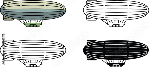 Airship silhouette & Outline and illustration set isolated on transparent background