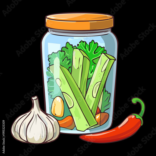 Pickled green celery in a jar with chili and garlic for spicy organic snack preservation - Vector Illustration