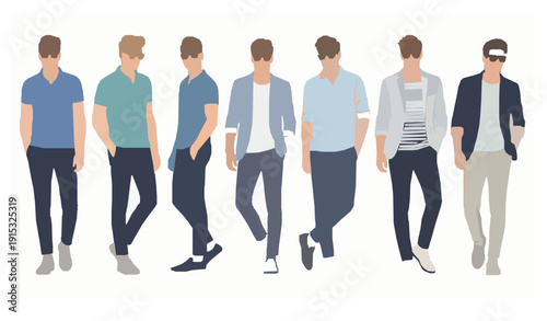 Fashionable young men modern casual summer outfits flat vector illustration