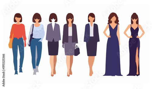 Collection of stylish young women in trendy casual and formal outfits flat vector