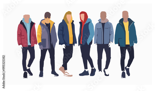 Contemporary urban mens fashion lookbook flat vector illustration set