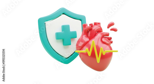 Illustration of a red heart with a yellow heartbeat line, next to a teal shield with a cross, symbolizing heart health and protection.