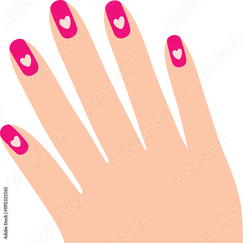 Hand with Pink Nails and White Hearts on Fingertips white background