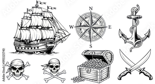 Pirate Treasure Map Elements: Ship, Skull, Compass, Anchor, Swords, Chest