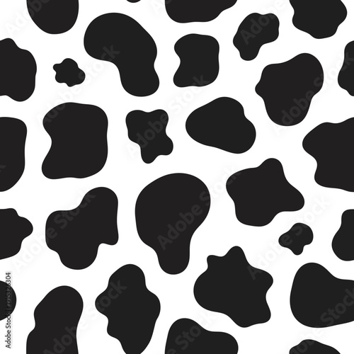 Black and white abstract cow pattern, irregular shapes, seamless background texture, animal print design for textiles and decor