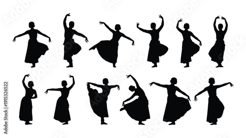 A group of dancers in various poses against a white background isolated on white background, Vector