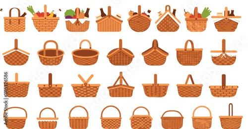 Wicker Basket Collection Vector Set Featuring Picnic, Market, Storage, and Handwoven Baskets in Various Shapes for Rustic Home Designs