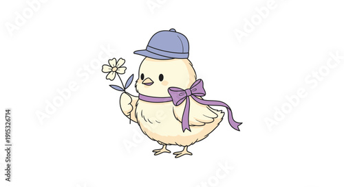 Chick in Blue Hat with Flower and Ribbon