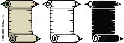 Antique parchment scroll silhouette & Outline and illustration set isolated on transparent background