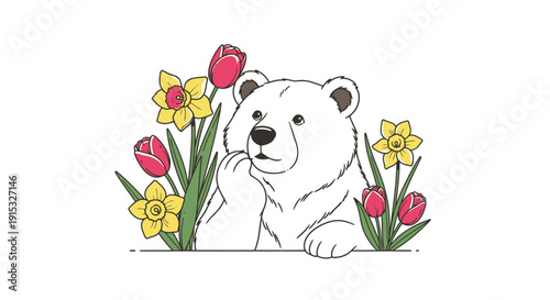 Polar Bear Among Tulips and Daffodils