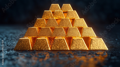 Gold bars stacked in a pyramid represent system, wealth and investment.