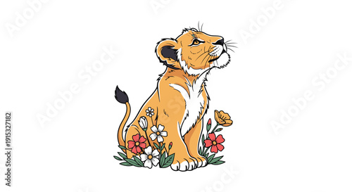 Young lion cub with flowers in front of white background