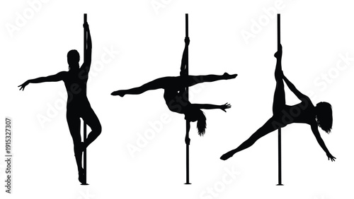 Three silhouettes of dancers performing on poles in a line. isolated on white background, Vector