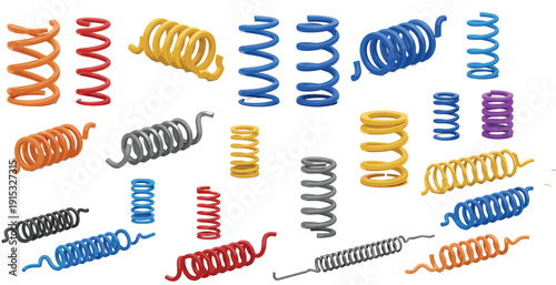 Metal Coil Spring Vector Set Featuring Compression and Tension Springs in Various Colors for Mechanical, Engineering, and Industrial Designs