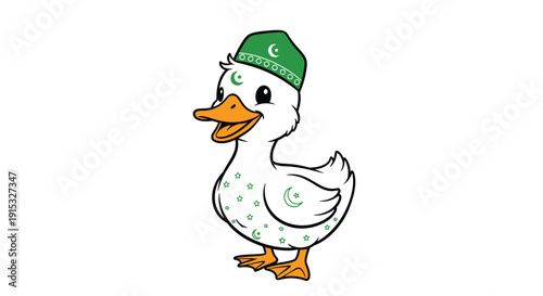 Cute duck wearing a green fez with crescent and stars