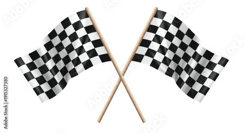 Two crossed checkered flags with black and white squares, symbolizing the finish line in racing. The design conveys movement and excitement.