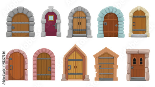 Cartoon Castle Doors Vector Set, Medieval Wooden Doors with Iron Details and Stone Arches, Fairy Tale Building Entrances, Old Style Architecture Elements for Fantasy Design