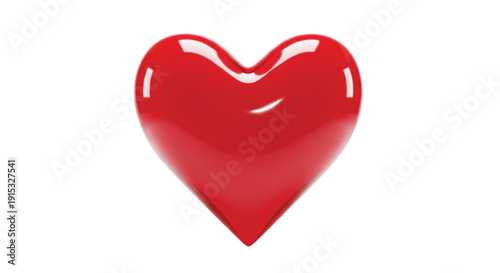 Shiny, red 3D heart shape on a white background, reflecting light. The heart conveys feelings of love and affection and appears smooth and glossy.